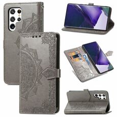 Per Samsung Galaxy S22 Ultra 5G Mandala Flower Gembito in pelle orizzontale in cuoio orizzontale con supporto e carte e portafoglio e cordino (grigio)