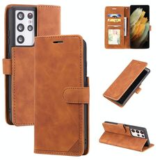 Per Samsung Galaxy S21 Ultra 5G Pelle Sensazione della pelle Anti-Theft Brush Blip Pluso in pelle Cassa del telefono (Brown)