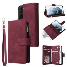 Per Samsung Galaxy S22 5G custodia in pelle multifunzionale con slot e supporto per carte e portafoglio con cerniera e cornice per foto (vino rosso)