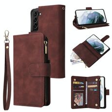 Per Samsung Galaxy S22 5G Custodia in pelle multifunzione con slot e supporto per carte e portafoglio con cerniera e cornice per foto (caffè)
