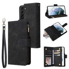 Per Samsung Galaxy S22 5G Custodia in pelle multifunzionale con slot e supporto per carte e portafoglio con cerniera e cornice fotografica (nero)