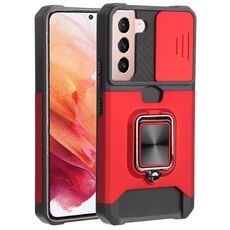 Per Samsung Galaxy S22 5G Coperchio della fotocamera scorrevole PC + Cassa del telefono antiurto TPU con porta anello e slot per schede (rosso)