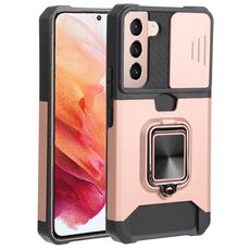 Per Samsung Galaxy S22 5G Coperchio della fotocamera scorrevole PC + TPU Cassa del telefono antiurto con porta anello e slot per schede (oro rosa)