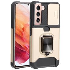Per Samsung Galaxy S22 5G Coperchio fotografica scorrevole Design PC + TPU Cassa del telefono antiurto con porta anello e slot per schede (oro)
