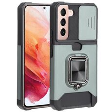 Per Samsung Galaxy S22 5G Coperchio della fotocamera fotografica Design PC + TPU Cassa del telefono antiurto con porta anello e slot per schede (verde scuro)