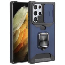 Per Samsung Galaxy S22 Ultra 5G Coperchio della fotocamera scorrevole Design PC + TPU Cassa del telefono antiurto con porta ad anello e slot per schede (blu)