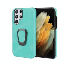 Cassa del telefono PU del supporto per anello per Samsung Galaxy S22 Ultra 5G (verde della menta)