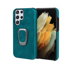 Cassa del telefono PU del supporto per anello per Samsung Galaxy S22 Ultra 5G (cyan)