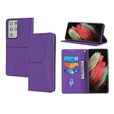 Per Samsung Galaxy S21 Ultra 5G texture texture cuciture magnetiche orizzontali flip custodia in pelle PU con supporto e carte slot e portafoglio e cordino (viola)