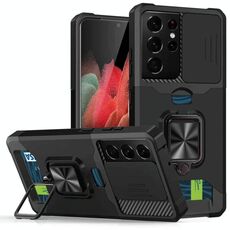 Per Samsung Galaxy S21 Ultra 5G Coperchio della fotocamera scorrevole Design PC + Custodia antiurto TPU con porta anello e slot per schede (nero)