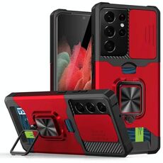 Per Samsung Galaxy S21 Ultra 5G Coperchio della fotocamera scorrevole Design PC + Custodia antiurto TPU con porta anello e slot per schede (rosso)
