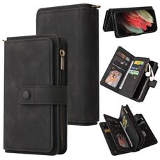 Per Samsung Galaxy S21 Ultra 5G Sensazione della pelle PU + TPU Custodia in pelle flip orizzontale con titolare e 15 carte Slot & Portafoglio e cerniera Pocket & Lanyard (nero)