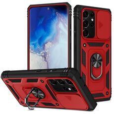 Per Samsung Galaxy S21 Ultra 5G Coperchio fotografica scorrevole Design TPU + custodia protettiva PC con supporto rotante a 360 gradi e slot per schede (rosso + nero)