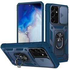 Per Samsung Galaxy S21 Ultra 5G Coperchio fotografica scorrevole Design Design TPU + PC Custodia protettiva con supporto rotante a 360 gradi e slot per schede (blu + blu)