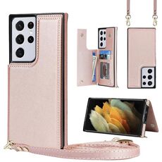 Per Samsung Galaxy S21 Ultra 5G Cross-Body Square Doppio fibbia Flip Scheda Borsa TPU + Custodia in PU con slot per schede e portafoglio e foto e cinturino (oro rosa)