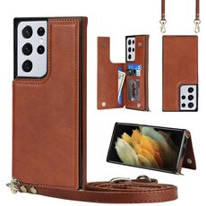 Per Samsung Galaxy S21 Ultra 5G Cross-Body Square Doppia Fibbia Flip Scheda Borsa TPU + Custodia in PU con slot per schede e portafoglio e foto e cinturino (Brown)