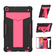 Per Samsung Galaxy Tab A8.4 (2020) T307 Staffa a forma di T Colore a contrasto PC antiurto + Custodia protettiva piatta in silicone (nero + rosa rossa)