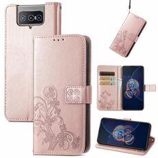 Per Asus Zenfone 8 flip chiusura a quattro foglie in rilievo in rilievo della fibbia della protezione del telefono cellulare con custodia in pelle con cordino e slot per schede e portafoglio e funzionamento a portafinetto (oro rosa)