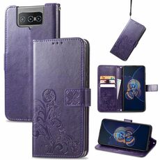 Per Asus Zenfone 8 Flip Four-Leaf Chiusole in rilievo in rilievo Caso di protezione del telefono cellulare con custodia in pelle con cordino e carta Slot & Portafoglio e funzione Staffa (viola)