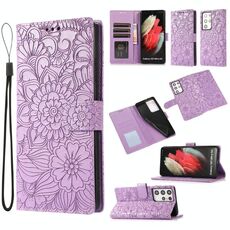 Per Samsung Galaxy S21 Ultra 5G Skin Self sentore con girasole in rilievo Giamina in pelle orizzontale in pelle con supporto e carte Slot & Portafoglio e cordino (viola)