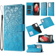 Per Samsung Galaxy S21 Ultra 5G Skin Self Gamborsa in pelle orizzontale girasole in rilievo Cassa in pelle con supporto e carta Slot & Portafoglio e cordino (blu)