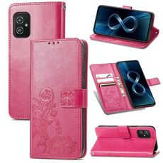 Per Asus Zenfone 8 ZS590KS Chiusura a quattro foglie in rilievo in rilievo in pelle per cellulare custodia in pelle con cordino e slot per schede e portafoglio e funzionamento a portafoglio e staffa (magenta)
