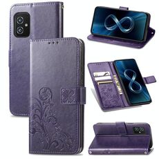 Per Asus Zenfone 8 ZS590KS Chiusura a quattro foglie in rilievo in rilievo della fibbia del telefono cellulare Custodia in pelle con cordino e carta Slot & Portafoglio e funzione Staffa (viola)