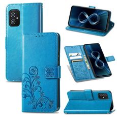 Per Asus Zenfone 8 ZS590KS Chiusura a quattro foglie in rilievo in rilievo della fibbia del telefono cellulare Custodia in pelle con cordino e carta Slot & Portafoglio e funzione Staffa (blu)