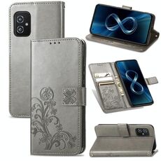 Per Asus Zenfone 8 ZS590KS Chiusura a quattro foglie in rilievo in rilievo Protezione del telefono cellulare Custodia in pelle con cordino e carta Slot & Portafoglio e funzione Staffa (grigio)