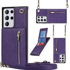 Per Samsung Galaxy S21 Ultra 5G Cross-Body Zipper Square TPU + PU Custodia posteriore con supporto e carta Slot e portafoglio e cinturino (viola)