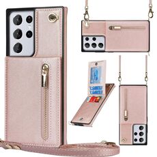 Per Samsung Galaxy S21 Ultra 5G Cross-Body Zipper Square TPU + PU Custodia posteriore con supporto e carta Slot & Portafoglio e cinturino (oro rosa)