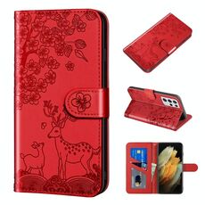 Per Samsung Galaxy S21 Ultra 5G Sika Deer Embossing Pattern Horizontal flip custodia in pelle PU con supporto e carta Slot & Portafoglio e cornice fotografica (rosso)