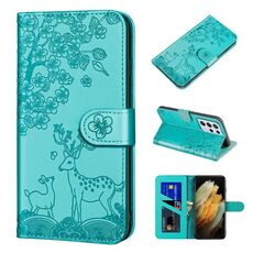 Per Samsung Galaxy S21 Ultra 5G Sika Deer Embossing Pattern Caso in pelle flip orizzontale PU con supporto e carta Slot & Portafoglio e cornice per portafoglio (lago blu)