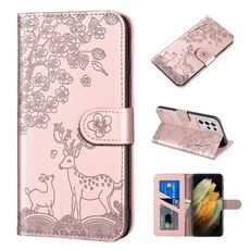 Per Samsung Galaxy S21 Ultra 5G Sika Deer Embossing Pattern Horizontal flip custodia in pelle PU con supporto e carta Slot & Portafoglio e cornice per foto (oro rosa)