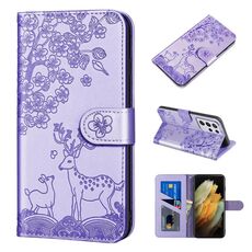 Per Samsung Galaxy S21 Ultra 5G Sika Deer Embossing Pattern Horizontal flip custodia in pelle PU con supporto e carta Slot & Portafoglio e cornice fotografica (viola)