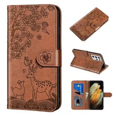 Per Samsung Galaxy S21 Ultra 5G Sika Deer Embossing Pattern Horizontal flip custodia in pelle PU con supporto e carta Slot & Portafoglio e cornice fotografica (marrone)