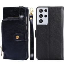 Per Samsung Galaxy S21 Ultra 5G borsa con cerniera PU + TPU Custodia in pelle flip orizzontale con supporto e carta Slot & Portafoglio e cordino (nero)