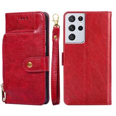 Per Samsung Galaxy S21 Ultra 5G borsa con cerniera PU + TPU Custodia in pelle flip orizzontale con supporto e carta Slot & Portafoglio e cordino (rosso)