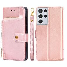 Per Samsung Galaxy S21 Ultra 5G borsa con cerniera PU + TPU Custodia in pelle flip orizzontale con supporto e carta Slot & Portafoglio e cordino (oro rosa)