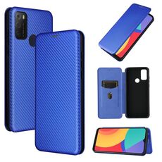 Per Alcatel 1s (2021) Texture in fibra di carbonio Magnetico orizzontale flip TPU + PC + custodia in pelle PU con slot per schede (blu)
