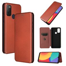 Per Alcatel 1s (2021) Texture in fibra di carbonio Gestione a flip orizzontale orizzontale TPU + PC + custodia in pelle PU con slot per schede (marrone)