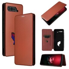 Per Asus Rog Phone 5 Telefono in fibra di carbonio Gestione a flip orizzontale magnetico TPU + PC + custodia in pelle PU con slot per schede (marrone)