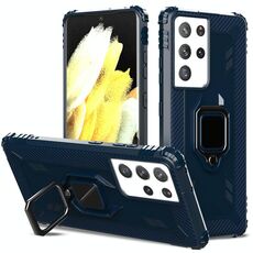 Per custodia protettiva in fibra di carbonio Samsung Galaxy S21 Ultra 5G con porta ad anello rotante a 360 gradi (blu)
