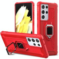 Per Samsung Galaxy S21 Custodia protettiva in fibra di carbonio Ultra 5G con supporto per anello rotante a 360 gradi (rosso)