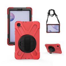 Per Samsung Galaxy Tab A 8.4 2020 T307U Ammortizzatore in silicone colorato + custodia protettiva per PC con supporto e tracolla e cinturino a mano (rosso)