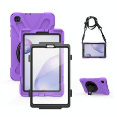 Per Samsung Galaxy Tab A 8.4 2020 T307U Ammortizzatore in silicone colorato + custodia protettiva per PC con supporto e tracolla e cinturino a mano e proteggi a mano (viola)
