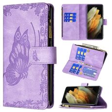 Per Samsung Galaxy S21 Ultra 5G Flying Butterfly Embossing Pattern con cerniera Custodia in pelle flip orizzontale con supporto e carta Slot & Portafoglio (viola)