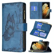 Per Samsung Galaxy S21 Ultra 5G Flying Butterfly Growding Pattern Custodia con cerniera orizzontale in pelle flip con supporto e carta Slot & Portafoglio (blu)