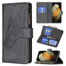 Per Samsung Galaxy S21 Ultra 5G Flying Butterfly Goffing Pattern Custodia con cerniera orizzontale Custodia in pelle flip con supporto e carte Slot & Portafoglio (nero)