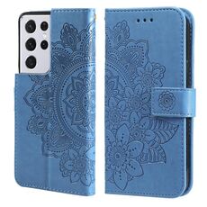 Per Samsung Galaxy S21 Ultra 5G Fiori di fiori a 7 petali Embossing Pattern Horizontal flip custodia in pelle PU con supporto e carte Slot & Portafoglio e cornice fotografica (blu)